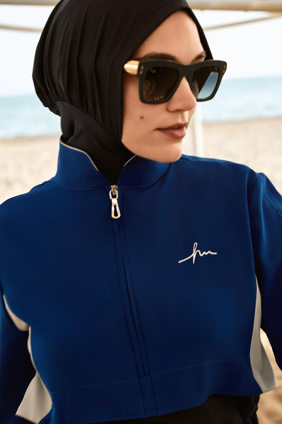 HaşemaHaşema طقم سباحة أزرق نيلي 5 قطع للمحجبات مع فيست من سلسلة Esila 5063