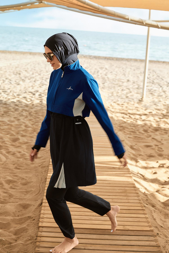 HaşemaHaşema طقم سباحة أزرق نيلي 5 قطع للمحجبات مع فيست من سلسلة Esila 5063