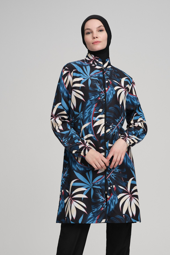 NeharNehar Palmiye Desenli Dokuma Siyah Tam Tesettür Mayo