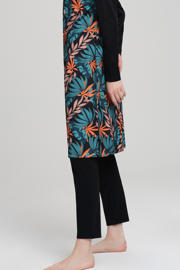 NeharNehar Renkli Yaprak Desenli Jileli Siyah Tam Tesettür Mayo