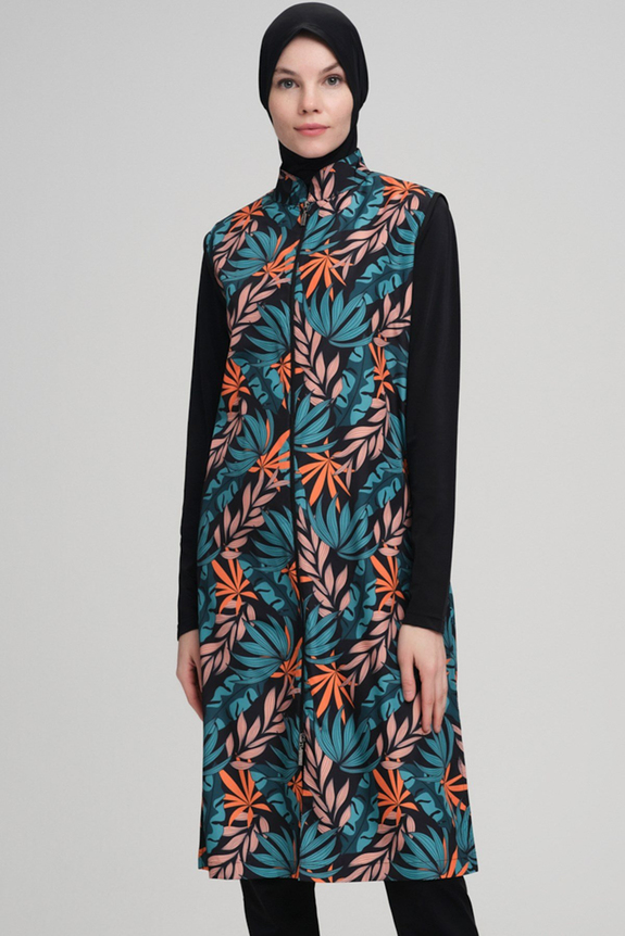 NeharNehar Renkli Yaprak Desenli Jileli Siyah Tam Tesettür Mayo