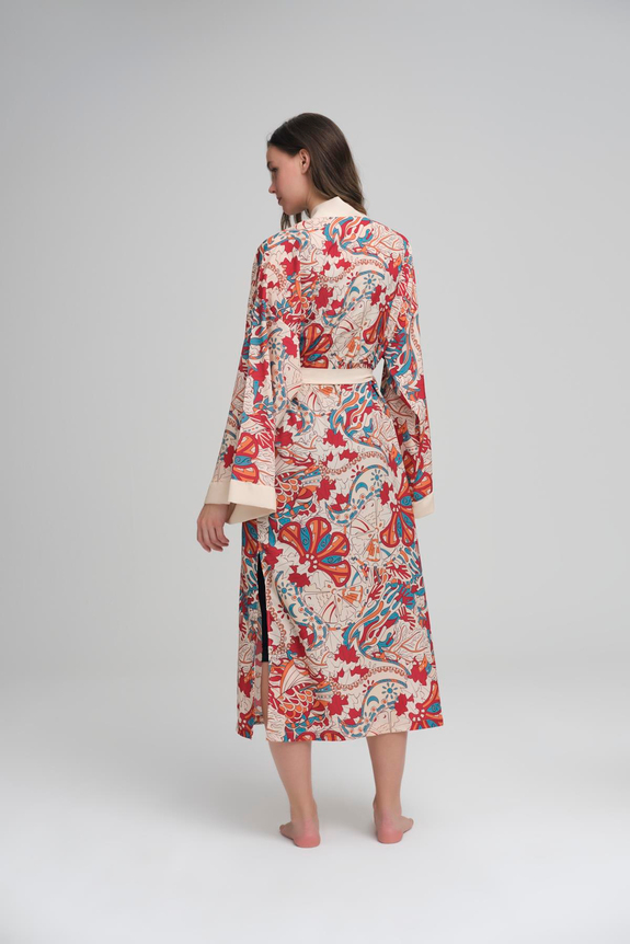 HaşemaHaşema Bej Renkli Desenli Kemerli Uzun Kimono