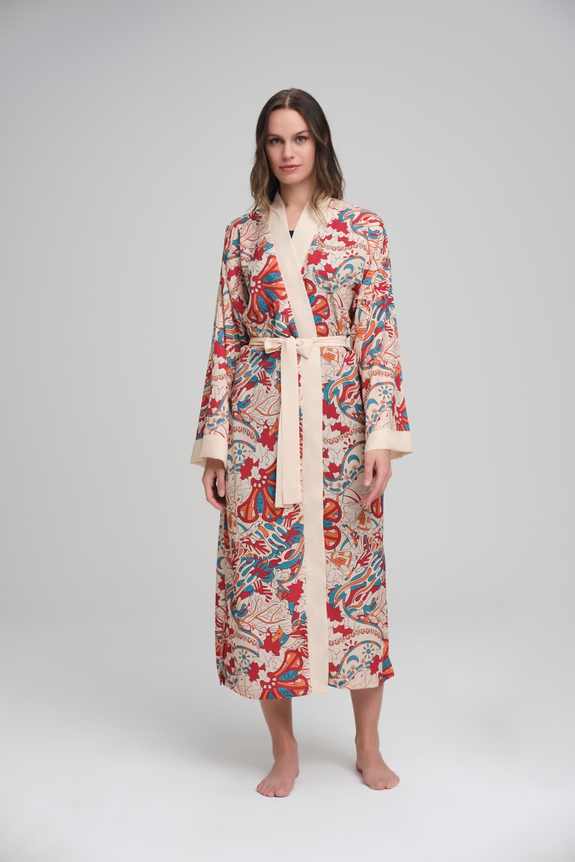HaşemaHaşema Bej Renkli Desenli Kemerli Uzun Kimono