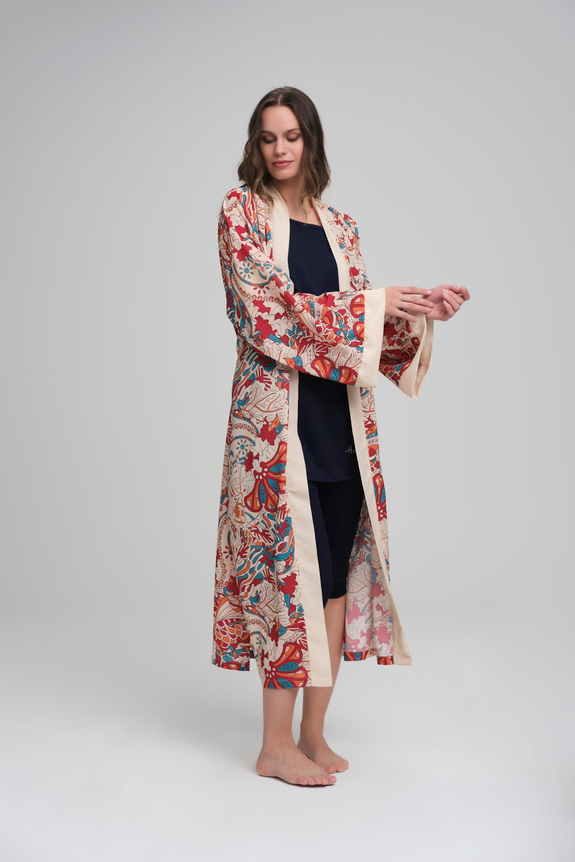 HaşemaHaşema Bej Renkli Desenli Kemerli Uzun Kimono