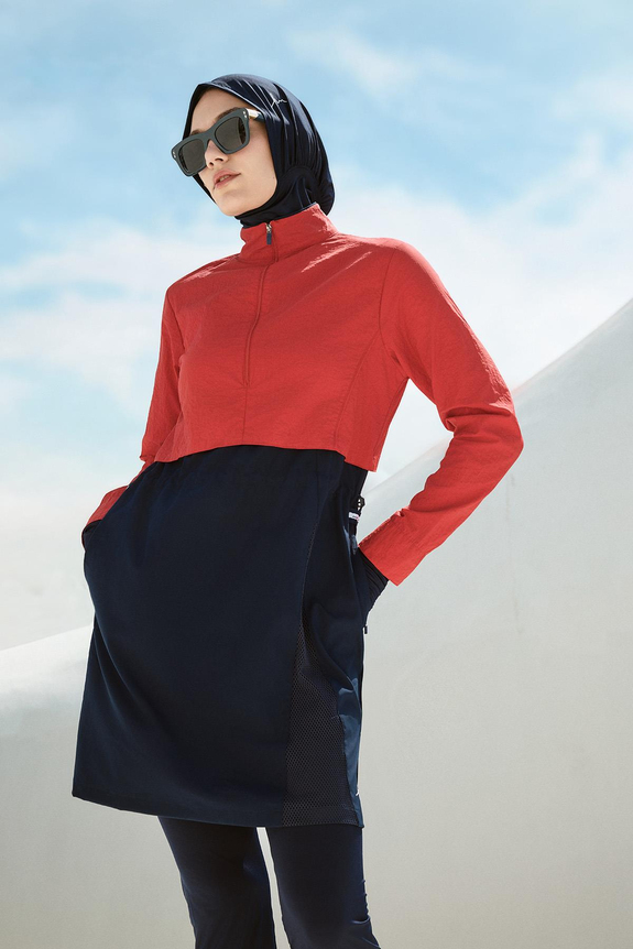 HaşemaHaşema طقم سباحة أحمر بقماش مجعد 5 قطع للمحجبات 5021