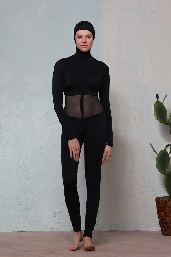 HaşemaFileli Siyah Kadın Yüzücü Tulum