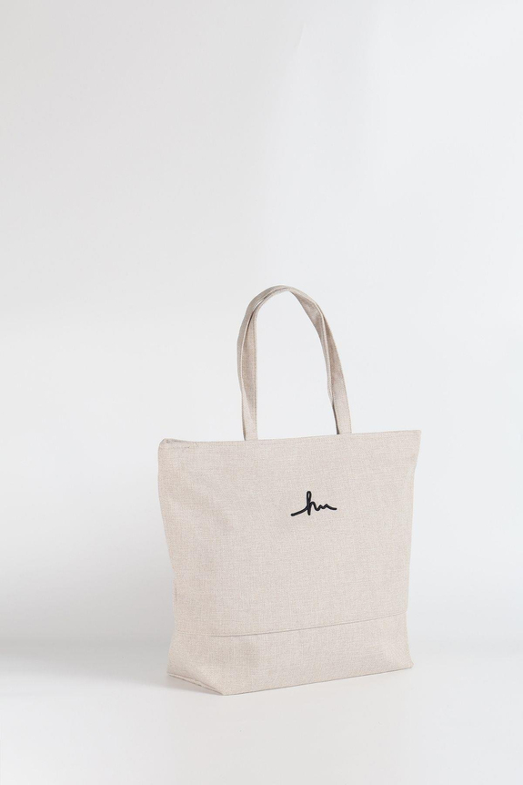 HaşemaHaşema حقيبة شاطئ أوف وايت من الكتان لها شعار مطرز 21