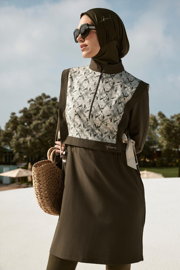 HaşemaHaşema طقم سباحة أخضر زيتوني 5 قطع للمحجبات مزين بشريطة 5008