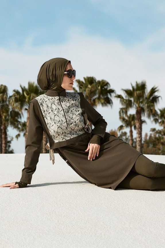 HaşemaHaşema طقم سباحة أخضر زيتوني 5 قطع للمحجبات مزين بشريطة 5008