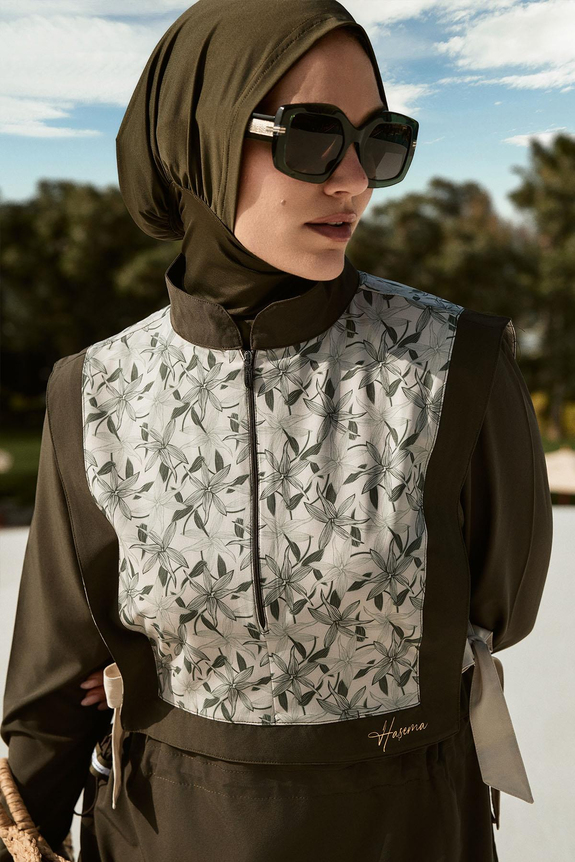 HaşemaHaşema طقم سباحة أخضر زيتوني 5 قطع للمحجبات مزين بشريطة 5008