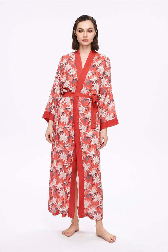 HaşemaHaşema Nar Çiçeği Kırmızı Çiçek Desenli Uzun Kimono 5040