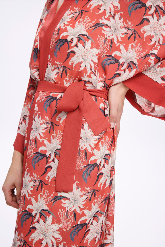 HaşemaHaşema Nar Çiçeği Kırmızı Çiçek Desenli Uzun Kimono 5040
