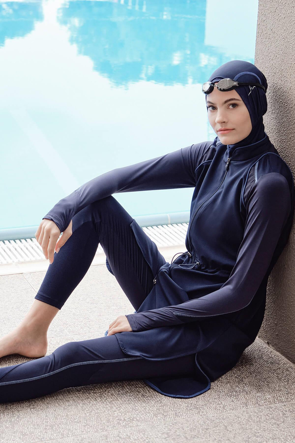 HaşemaHaşema Performans Serisi Petek Doku Detaylı Lacivert 5 Parça Tesettür Mayo Takımı H-Per 50