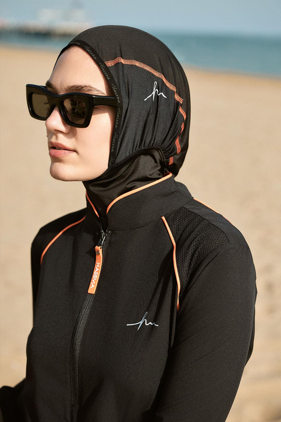 HaşemaHaşema طقم سباحة أسود بشريط برتقالي 5 قطع للمحجبات من سلسلة الأداء العالي 2019