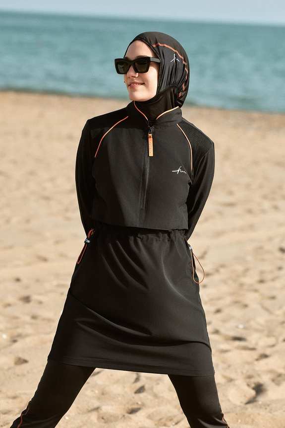 HaşemaHaşema طقم سباحة أسود بشريط برتقالي 5 قطع للمحجبات من سلسلة الأداء العالي 2019