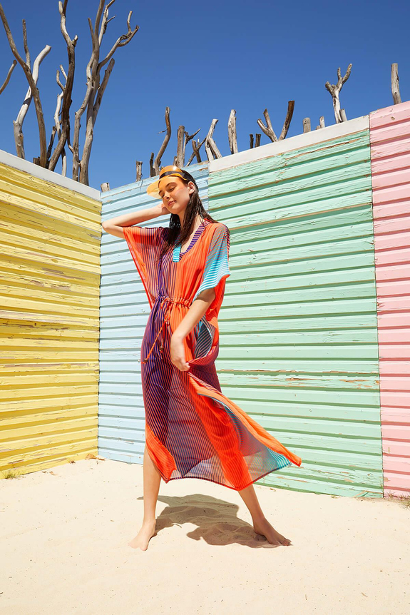 HaşemaHaşema Renkli Çizgili Turuncu Uzun Pareo