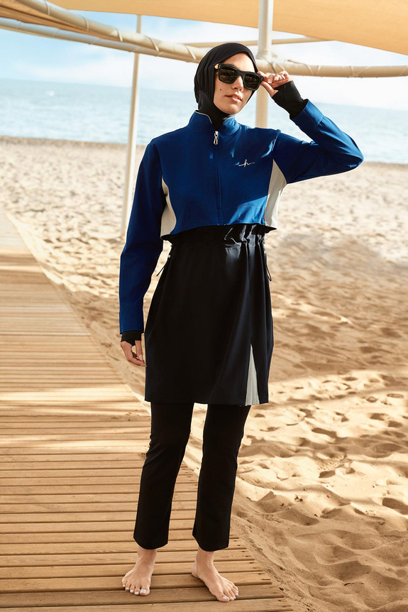 HaşemaHaşema طقم سباحة أزرق نيلي 5 قطع للمحجبات مع فيست من سلسلة Esila 5063