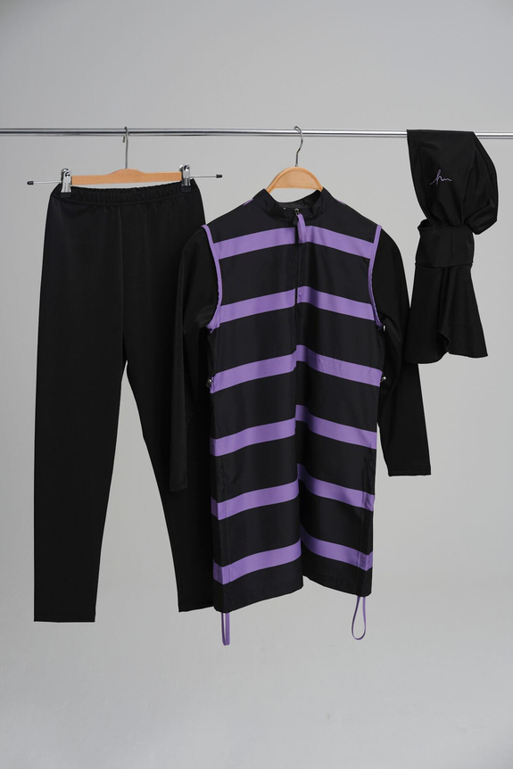 HaşemaHaşema Kids' Lilac Stripe Patterned Full Coverage Girl's Swimsuit Set