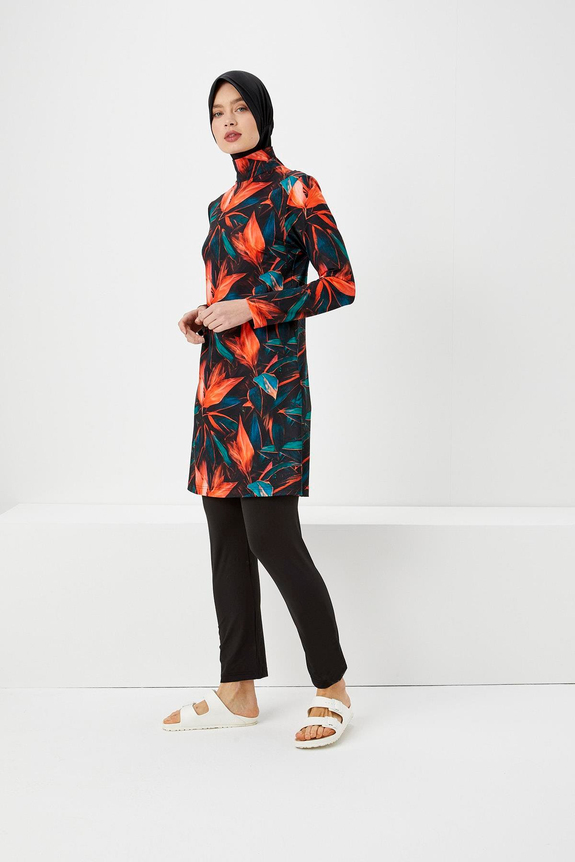 HaşemaNehar Orange Leaf Detailed Black Full Coverage Burkini - Swimsuit Set