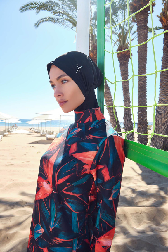 HaşemaNehar Orange Leaf Detailed Black Full Coverage Burkini - Swimsuit Set