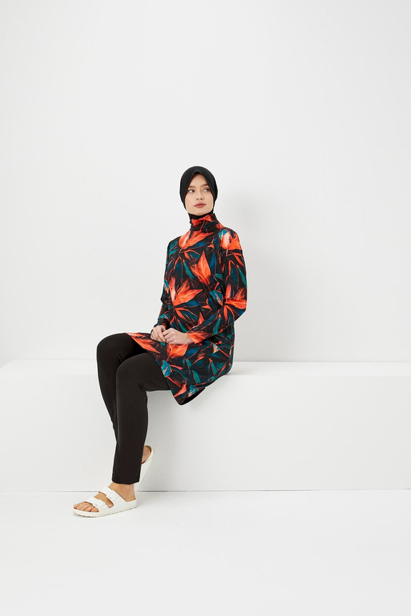 HaşemaNehar Orange Leaf Detailed Black Full Coverage Burkini - Swimsuit Set