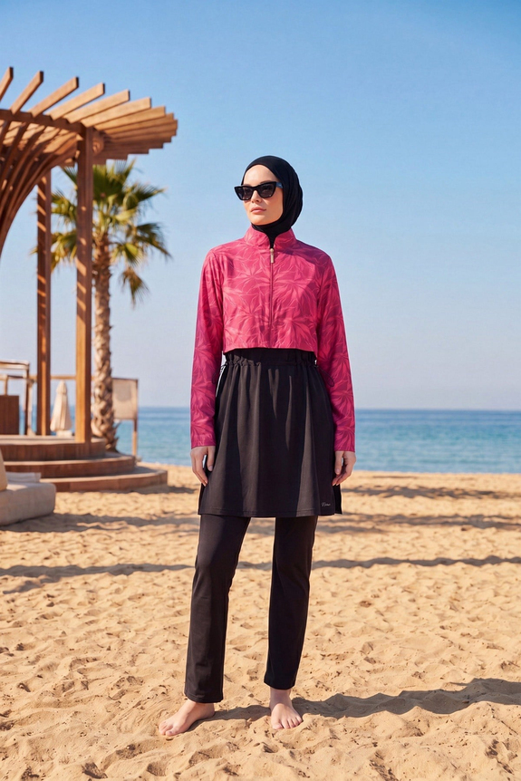 NeharNehar Çiçek Desenli Fuşya 3 Parça Tam Tesettür Mayo Takımı 2290