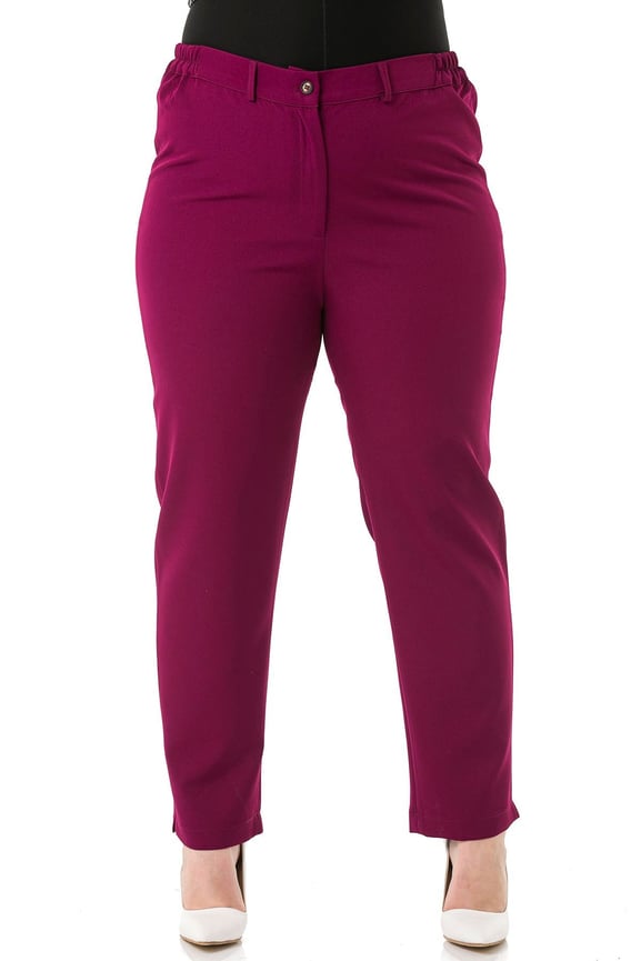 Plus Size Burgundy Trousers with Elastic Waist Sides Zippered Leg Slits