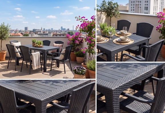Sidney 90x150 Rattan Bahçe Balkon Masa Takımı Camsız (Antrasit)