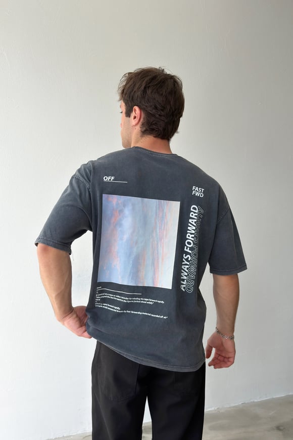 1989 Baskılı Acid Wash Antrasit Oversize Tişört
