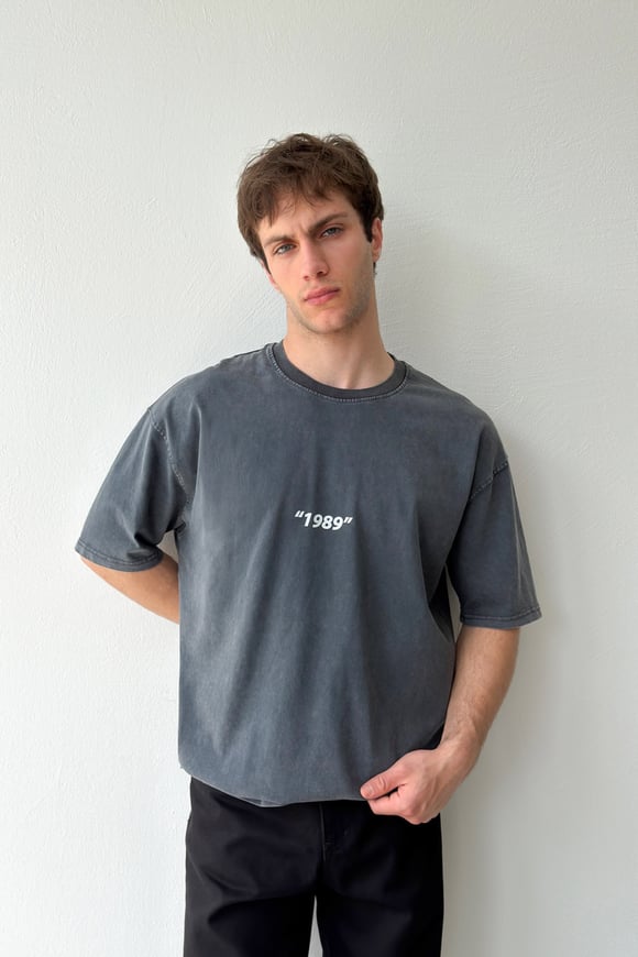1989 Baskılı Acid Wash Antrasit Oversize Tişört
