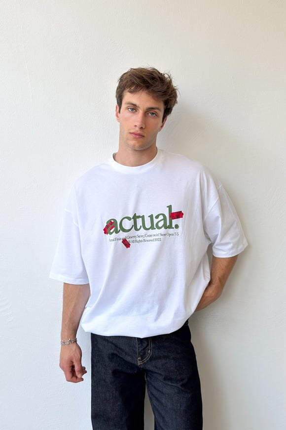 Actual Grocery Baskılı Beyaz Oversize Tshirt