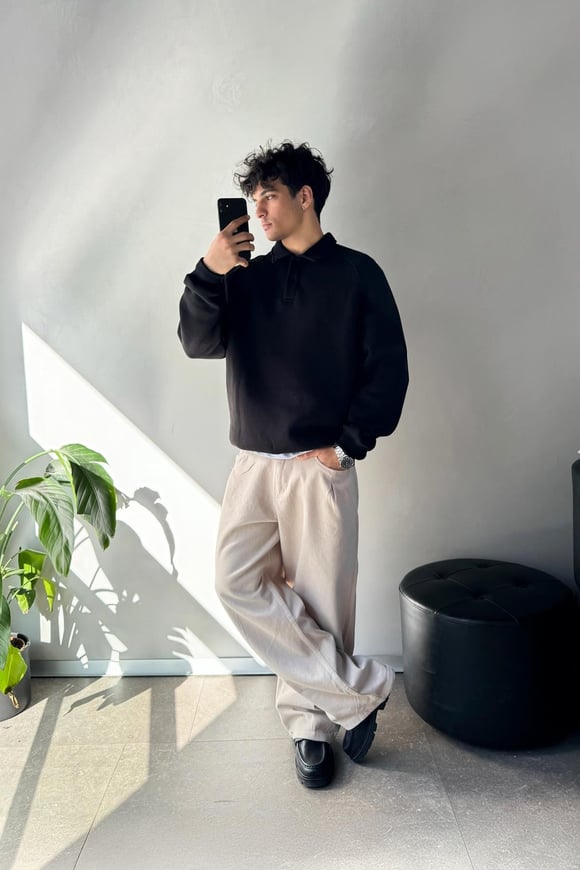 Bakunchık Baskılı Polo Yaka Siyah Sweatshirt