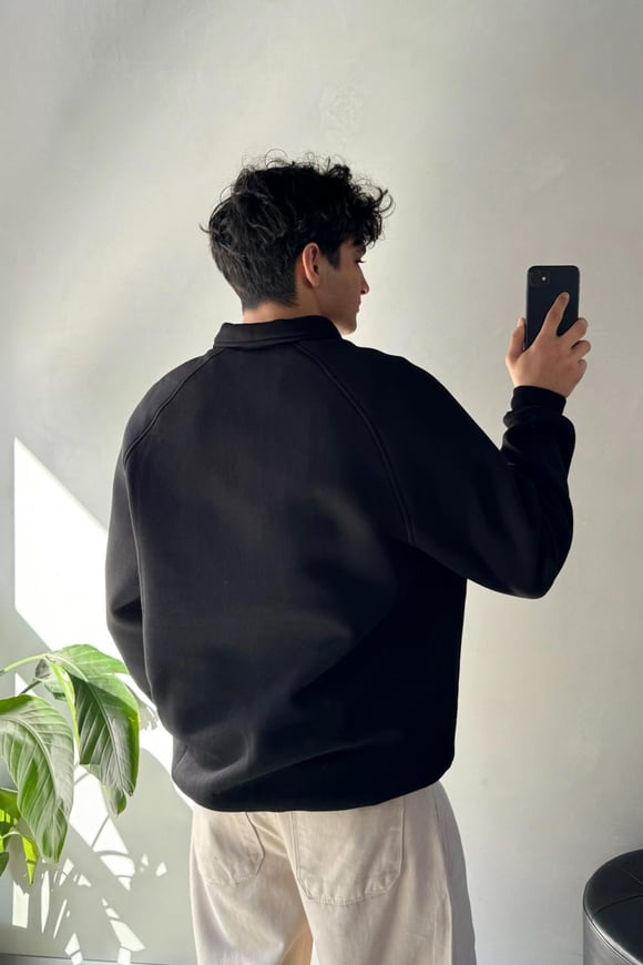 Bakunchık Baskılı Polo Yaka Siyah Sweatshirt