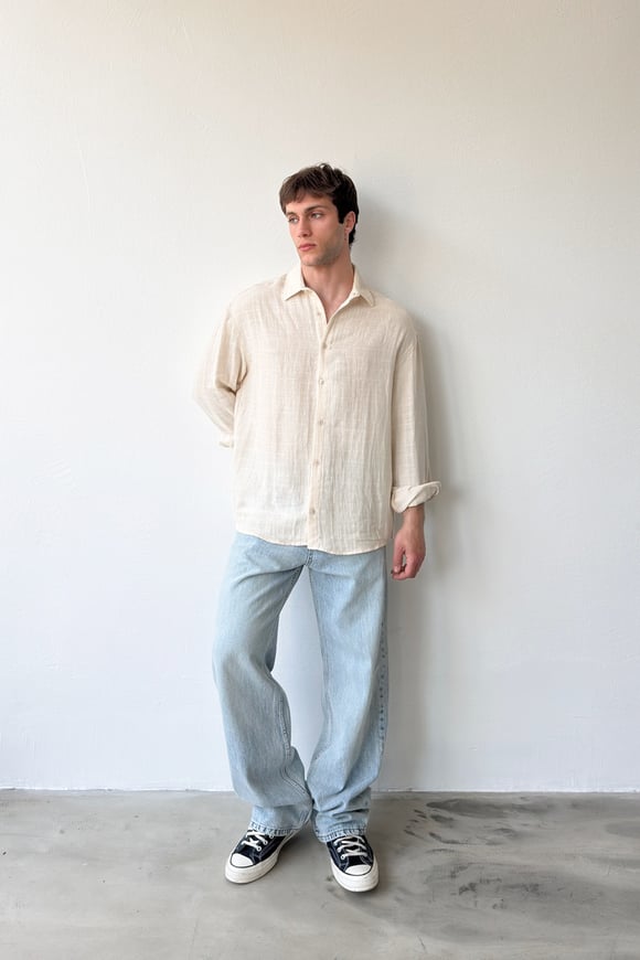 Basic Bej Pamuklu Keten Oversize Gömlek
