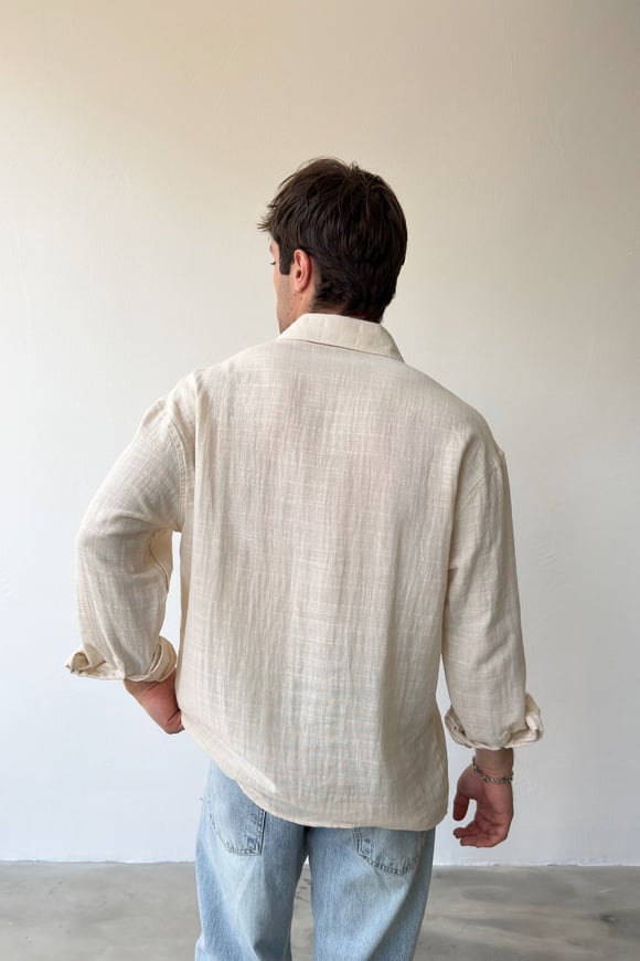 Basic Bej Pamuklu Keten Oversize Gömlek