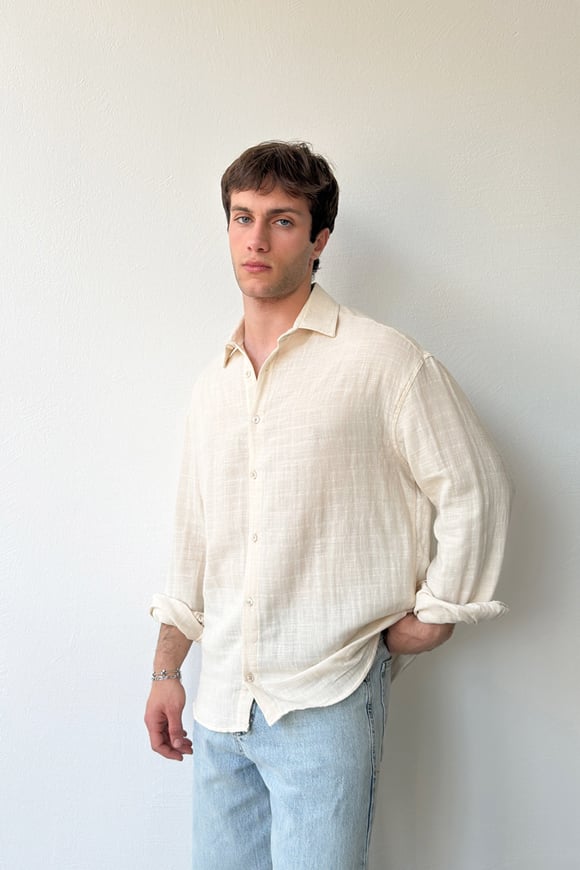 Basic Bej Pamuklu Keten Oversize Gömlek