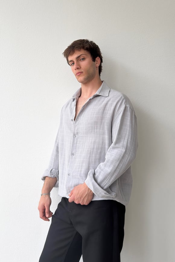 Basic Gri Pamuklu Keten Oversize Gömlek