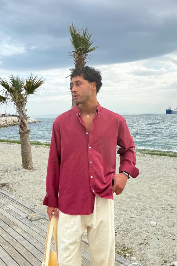 Basic Keten Gömlek Bordo