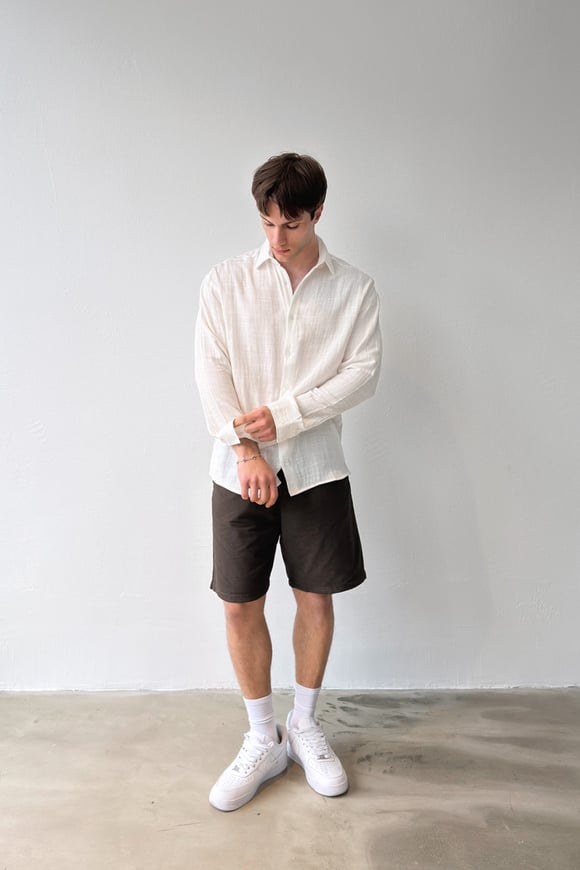 Basic Ekru Pamuklu Keten Oversize Gömlek