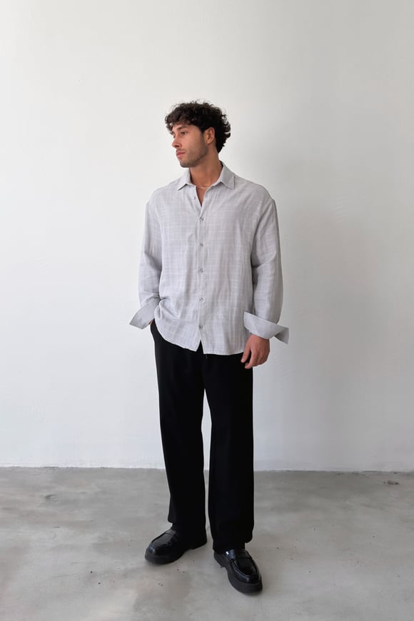 Basic Gri Pamuklu Keten Oversize Gömlek