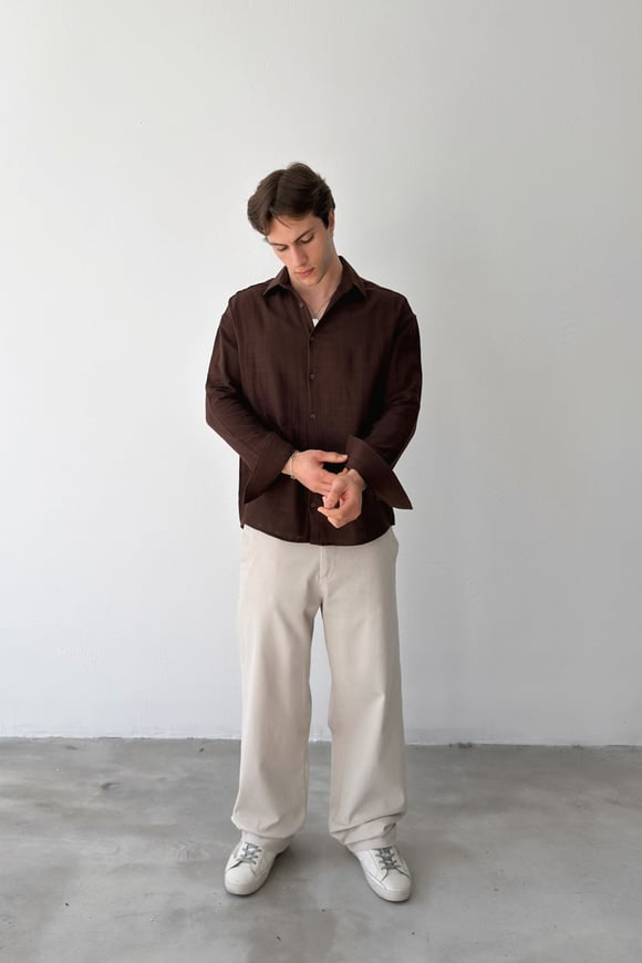 Basic Kahverengi Pamuklu Keten Oversize Gömlek