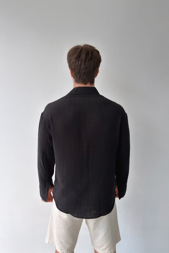 Basic Siyah Pamuklu Keten Oversize Gömlek