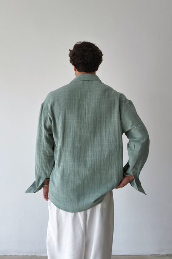 Basic Haki Pamuklu Keten Oversize Gömlek