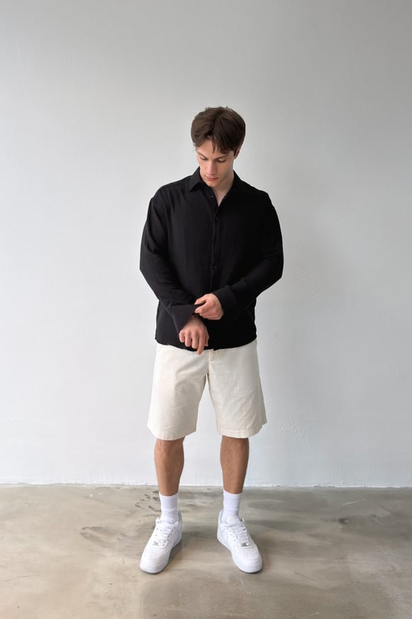 Basic Siyah Pamuklu Keten Oversize Gömlek