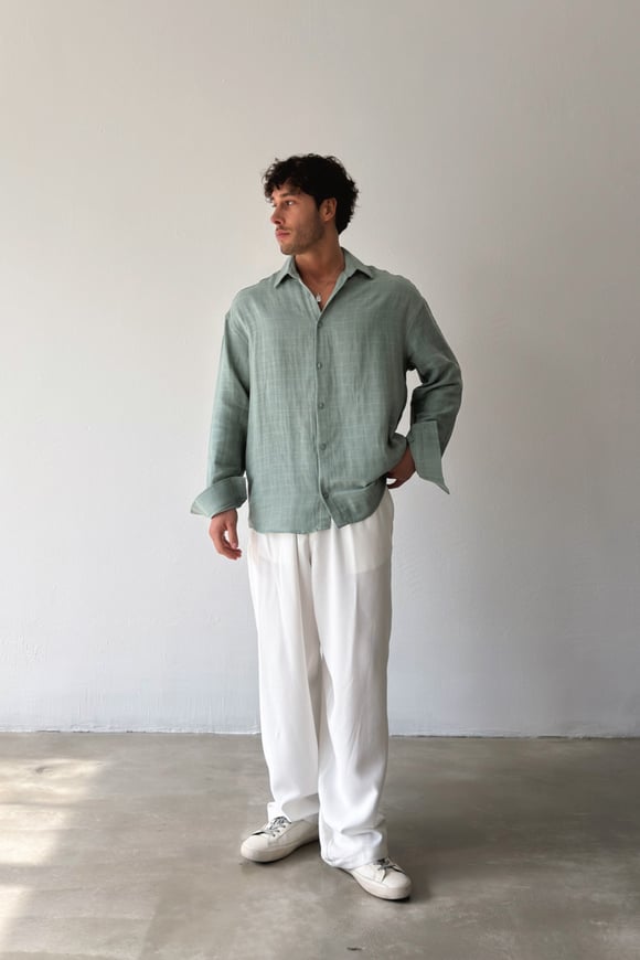 Basic Haki Pamuklu Keten Oversize Gömlek