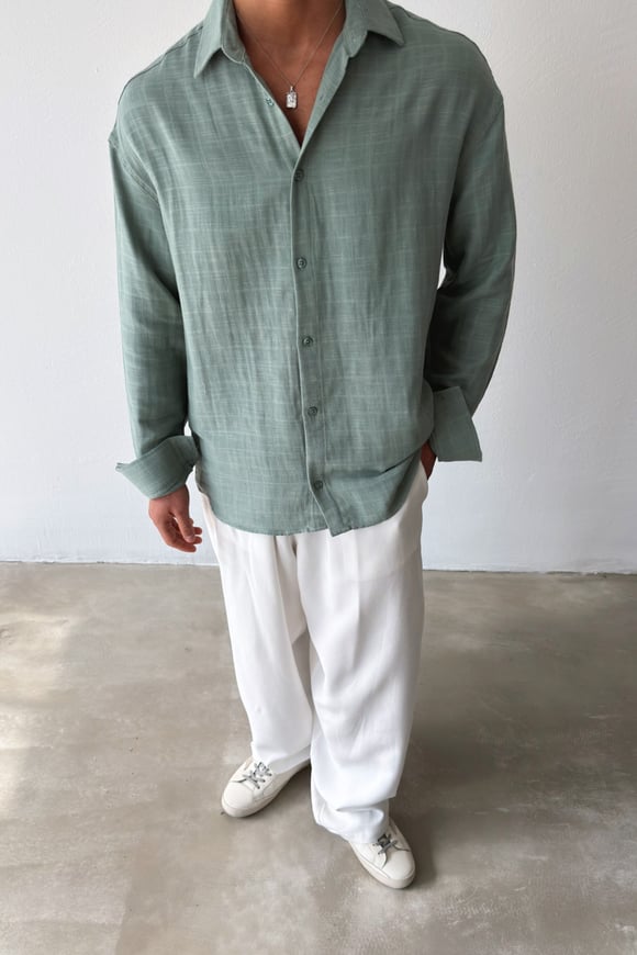 Basic Haki Pamuklu Keten Oversize Gömlek
