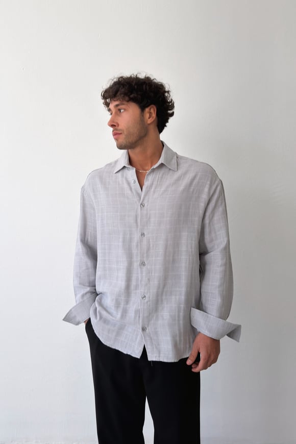 Basic Gri Pamuklu Keten Oversize Gömlek