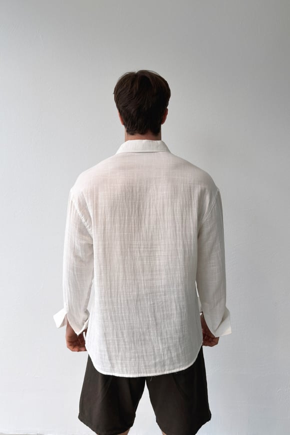 Basic Ekru Pamuklu Keten Oversize Gömlek