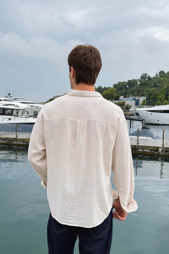 Basic Oversize Bej Ham Keten Gömlek