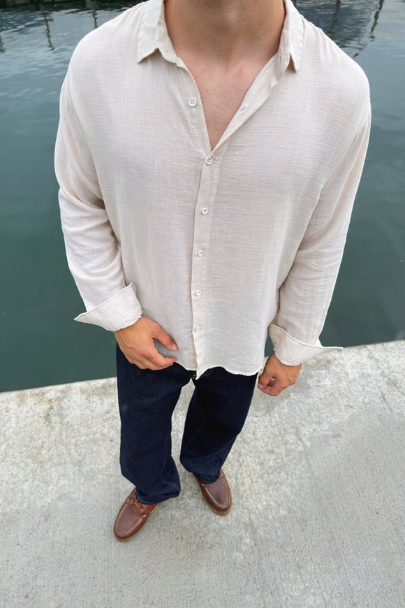 Basic Oversize Bej Ham Keten Gömlek